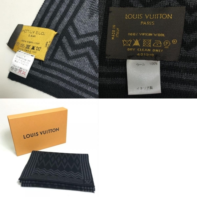 LOUIS VUITTON(ルイヴィトン)のルイヴィトン LOUIS VUITTON シェブロンストライプ 401910 総柄 ロゴ マフラー ウール ブラック/グレー メンズのファッション小物(マフラー)の商品写真