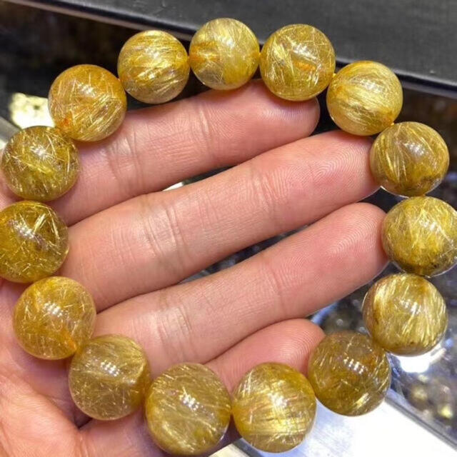 ゴールドルチルクォーツ 14mm玉 高透明度 ブレスレット 希少-