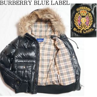 バーバリーブルーレーベル(BURBERRY BLUE LABEL)の美品 BURBERRY ノバチェック ダウンジャケット ラクーンファー ワッペン(ダウンジャケット)