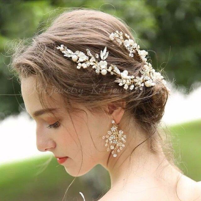 ☆2点セットヘッドドレス&イヤリング(ピアス)ウェディング結婚式ゴールド