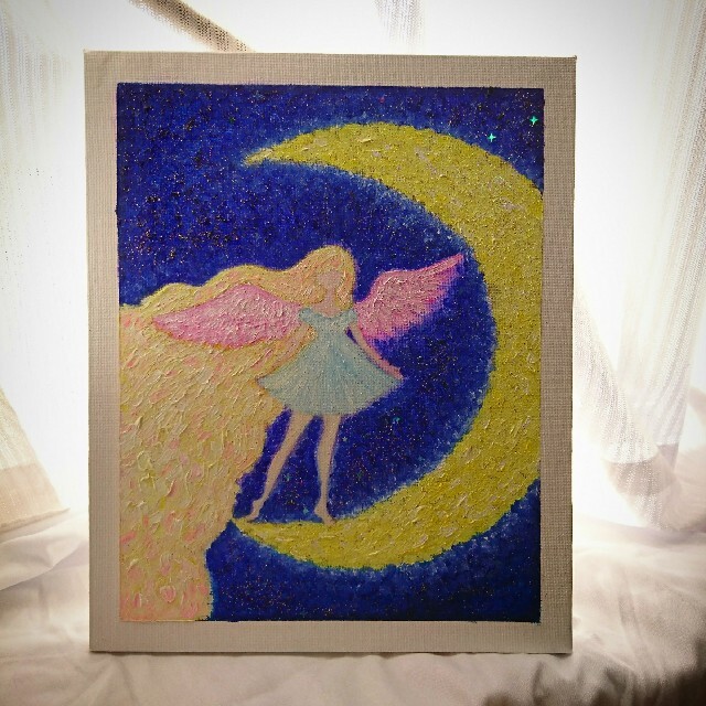 ランキングや新製品 油絵 絵画 原画『月に舞い降りた天使』 絵画+タペストリー