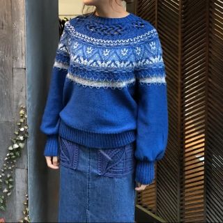 mame マメ 14AW ケーブル編み ショートウールニットセーター ブルー 1