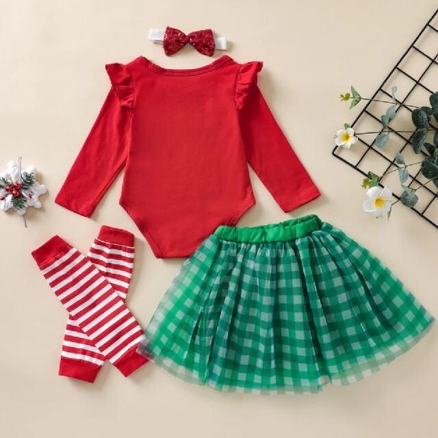 新品 70 クリスマス ロンパース スパンコール 赤 緑 ヘアバンド スカート キッズ/ベビー/マタニティのベビー服(~85cm)(ロンパース)の商品写真