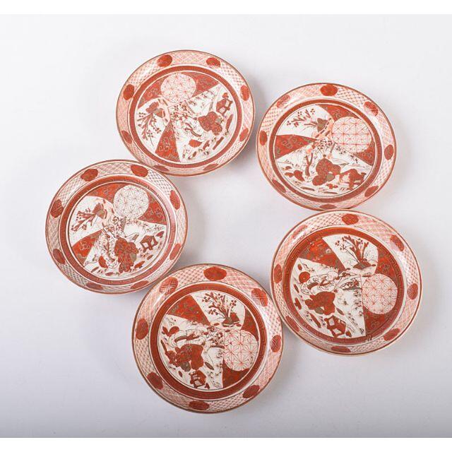 九谷焼 古九谷 八郎手赤絵金彩 山水人物文 小皿 5客 V R4075の 九谷焼 古九谷 八郎手赤絵金彩 山水人物文 小皿 5客 V R4075の