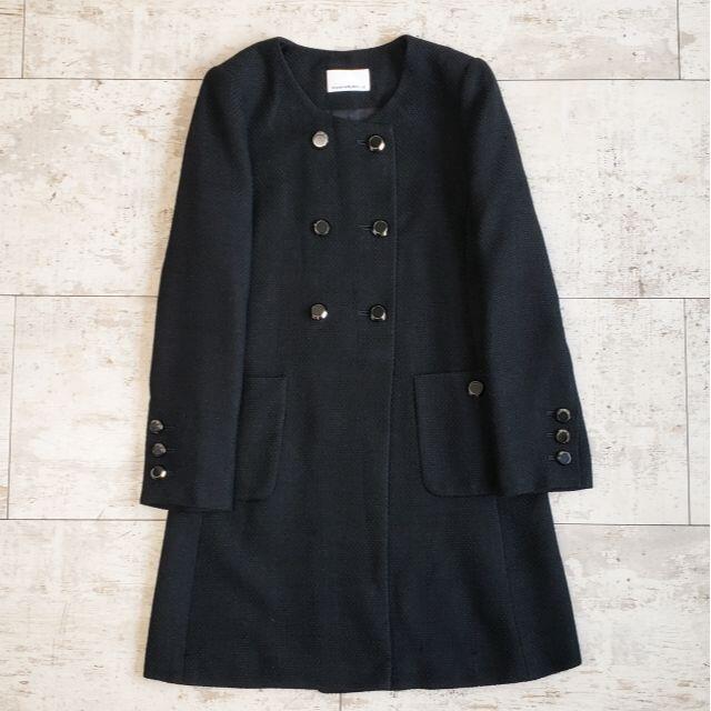 M-premier(エムプルミエ)のエムプルミエ ブラック ☆ ツイード ノーカラー ロングコート 36 日本製 レディースのジャケット/アウター(ロングコート)の商品写真