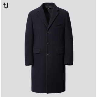 ユニクロ(UNIQLO)の＋J ジルサンダー ウールブレンドチェスターコート（ヘリンボーン）L NAVY(チェスターコート)