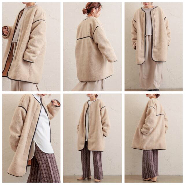 natural couture(ナチュラルクチュール)の新品！Natural Couture レザーパイピングノーカラーロングボアコート レディースのジャケット/アウター(ロングコート)の商品写真