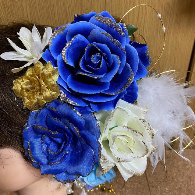 ブルー青&ホワイト白〜和装花髪飾り〜結婚式 成人式 入学 ブルー青&ホワイト白〜和装花髪飾り〜結婚式 成人式 入学