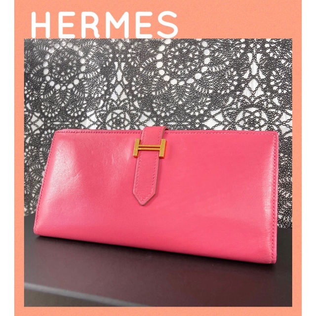 Hermes(エルメス)の正規品★超美品 エルメス 長財布 べアン ボックスカーフ ピンク フラップ レディースのファッション小物(財布)の商品写真