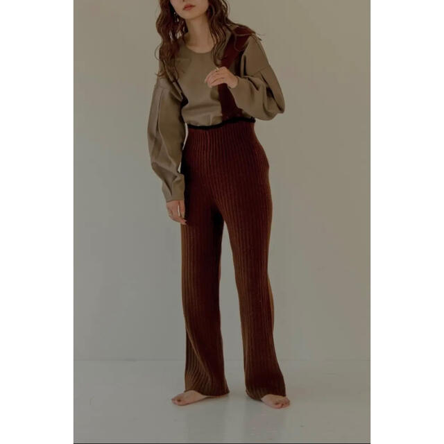 lawgy:one shoulder rib knit pants(Brown)