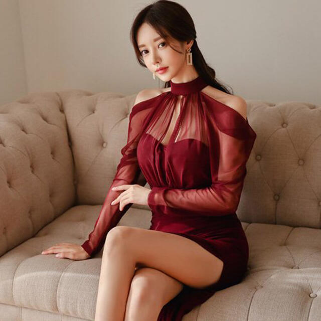 【本日限定セール】ZARAジャンル 韓国 シースルー切り替えキャバドレス 赤 レディースのフォーマル/ドレス(ナイトドレス)の商品写真