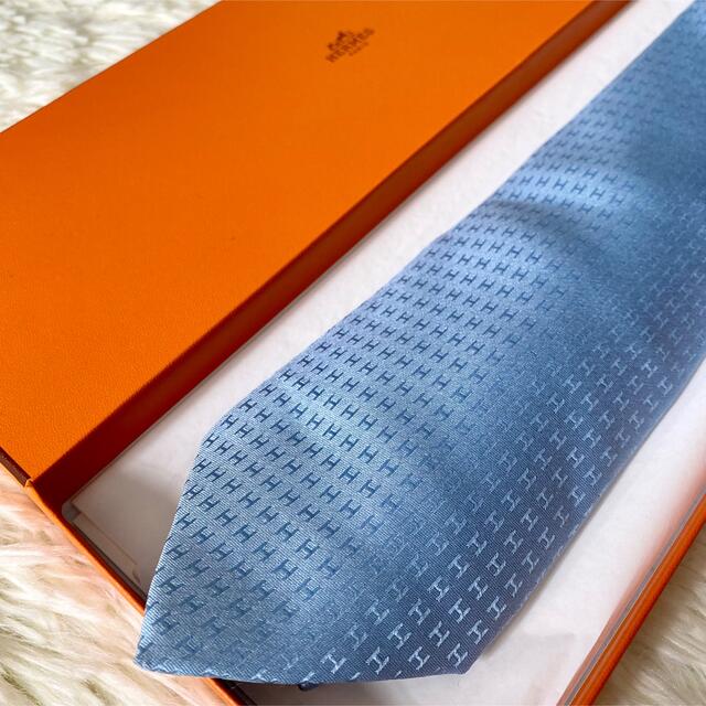 全面H柄 美品】HERMES エルメス ネクタイ 水色 スカイブルー ファソネ