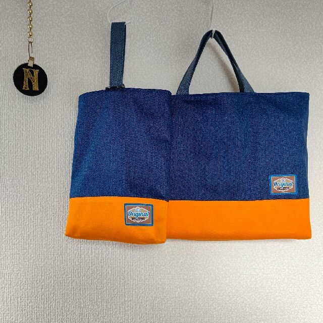 #ヴィンテージブルー/オレンジ×アースブルー　レッスンバッグ　上履き入れ ハンドメイドのキッズ/ベビー(バッグ/レッスンバッグ)の商品写真