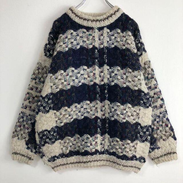 vintage エクアドル製 総柄 ウール ハンドニット セーター - ニット