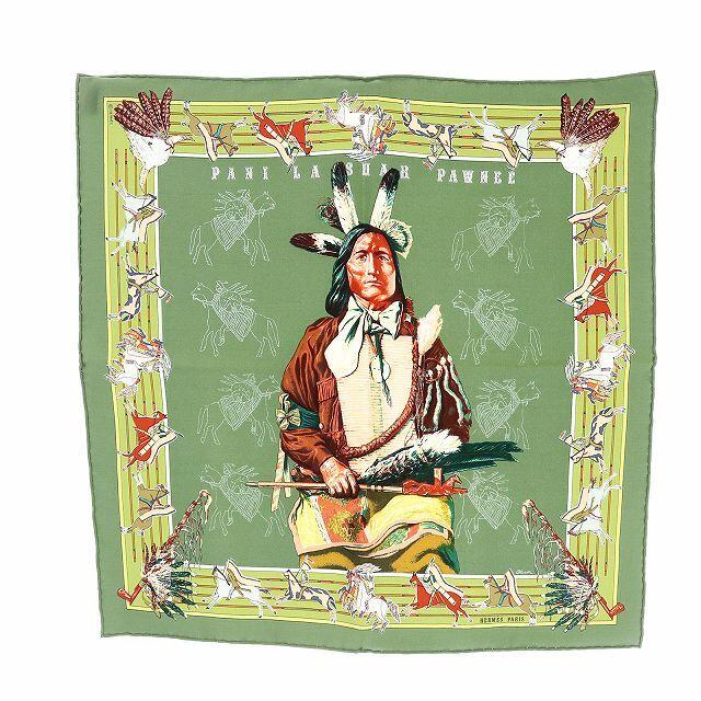 エルメス カレ40 パウニー族の首長 スカーフ チーフ 絹 緑 マルチカラー
