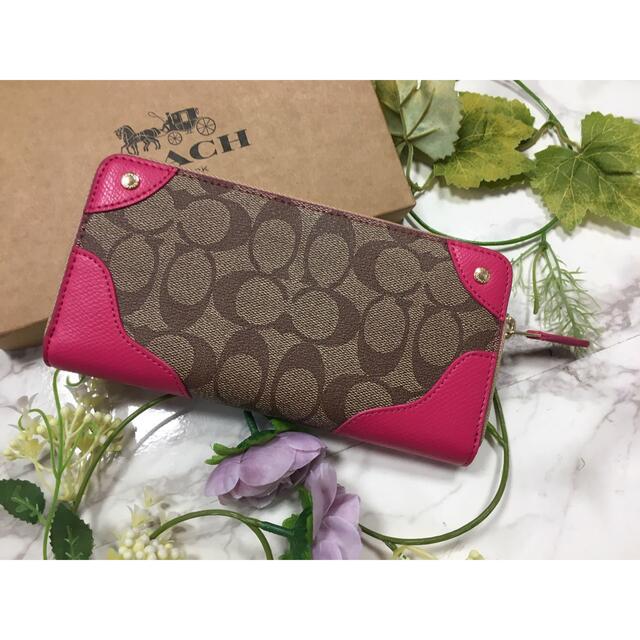 【正規品 新品未使用】コーチ 四隅 ダークピンク ブラウン 長財布