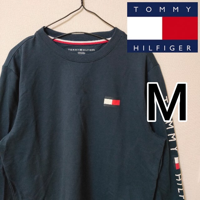トミーヒルフィガー 紺色 長袖Tシャツ スウェットカットソー メンズM 袖口ロゴ