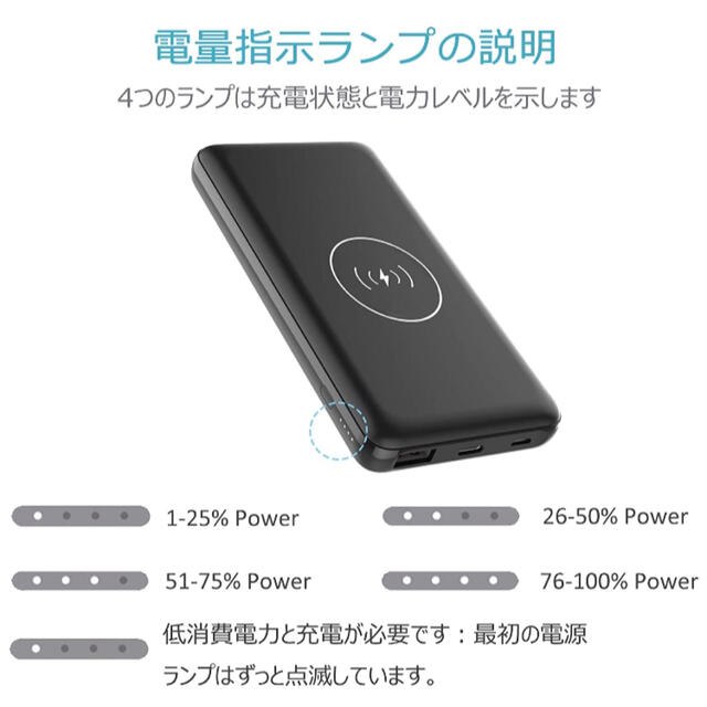 ワイヤレスバッテリー 12000mAh Qi無線と有線両用 急速充電PSE認証済 スマホ/家電/カメラのスマートフォン/携帯電話(バッテリー/充電器)の商品写真