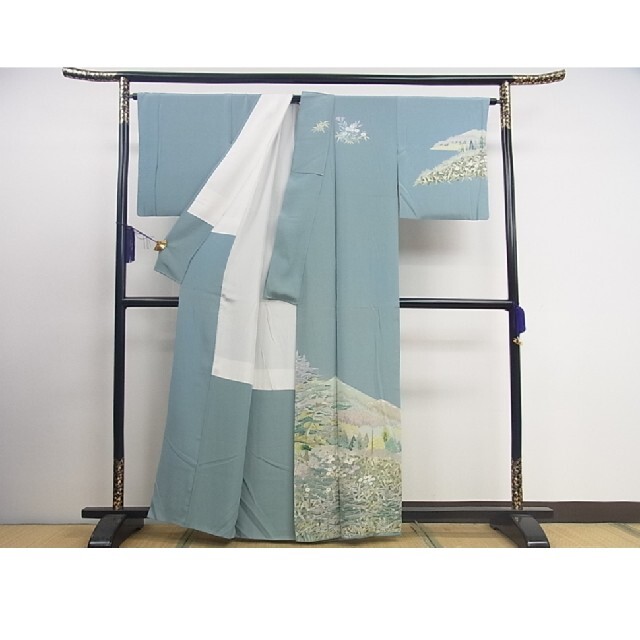 訪問着 作家物 落款 遠山風景文 暈し染め 袷 正絹 訪問着 作家物 絞り 遠山風景文 暈し染め 金彩 パールトーン加工 正絹 袷