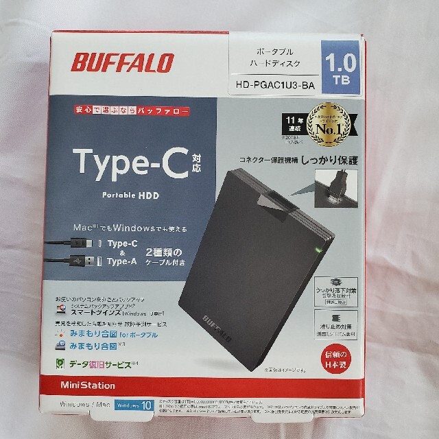 スマホ/家電/カメラBUFFALO ポータブル 外付けHDD 1TB  HD-PGAC1U3-BA