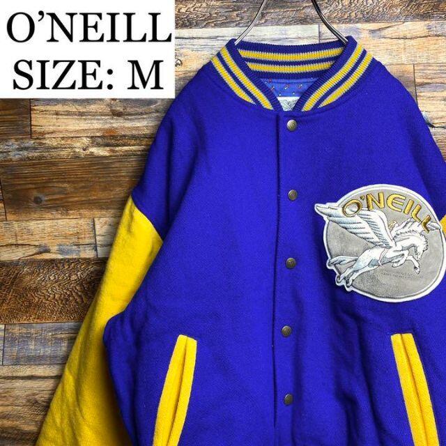 O'NEILL(オニール)のレタードスタジャンスタジアムジャンパーm青ブルー黄色イエロー古着ワッペンカラフル メンズのジャケット/アウター(スタジャン)の商品写真