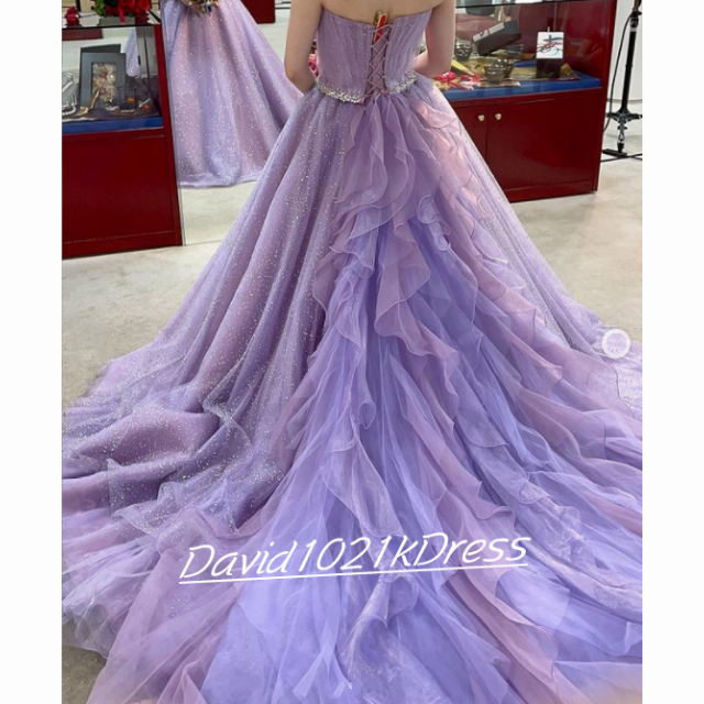 カラードレス 紫 キラキラチュール ラッフルフリル 結婚式 前 カラードレス 紫 キラキラチュール ラッフルフリル 結婚式 前