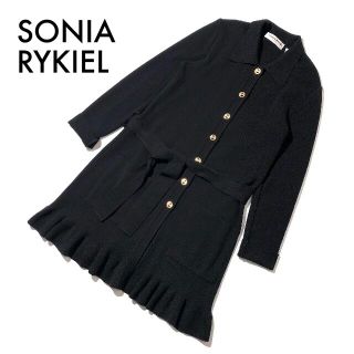 ソニアリキエル(SONIA RYKIEL)のイタリア製ソニアリキュエル 長袖ロングカーディガン 金ボタン ベルト 黒 40(カーディガン)