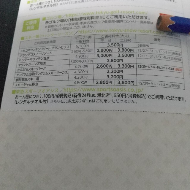 東急不動産株主優待券スキー場リフト割引券4枚 - 割引券