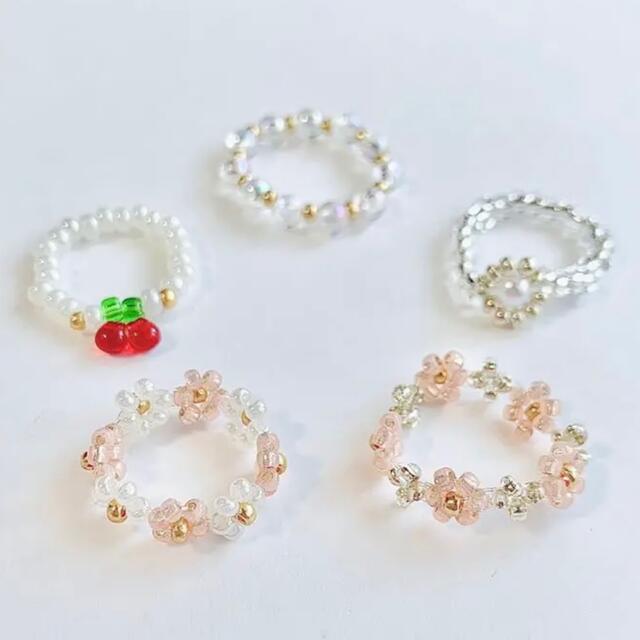 韓国ビーズ♡リング5点set ＼Silver×Pink／ ハンドメイドのアクセサリー(リング)の商品写真