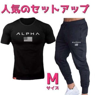 Tシャツ×スウェットジョガーパンツ　セットアップメンズジムウェア　Mサイズ黒×黒(Tシャツ/カットソー(半袖/袖なし))