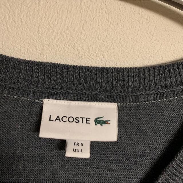 【美品】LACOSTE ラコステ　Vネック　ニット　薄手　グレー　ロゴ刺繍