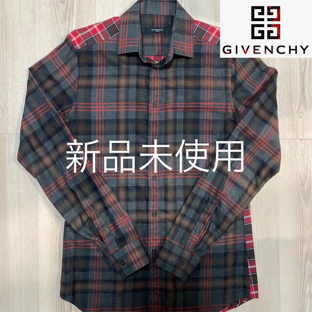 【最安】GIVENCHYジバンシィ チェック切替長袖シャツ レッドグレーシャツ