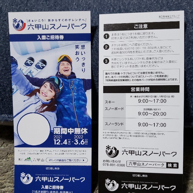パパイヤ様専用　六甲山スノーパーク入園券　2枚セット チケットの施設利用券(スキー場)の商品写真