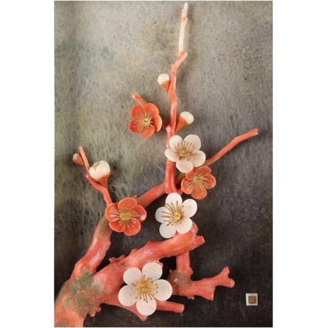 前川泰山 天然珊瑚 彫刻 額装 骨董 コーラル 壁飾 絵画 誕生石 インテリア