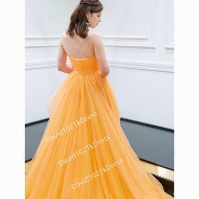 イエロー カラードレス 上質オーガンジー フィッシュテール ベアトップ レディースのフォーマル/ドレス(ウェディングドレス)の商品写真