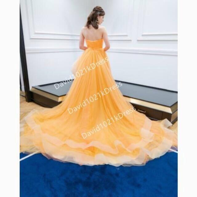 イエロー カラードレス 上質オーガンジー フィッシュテール ベアトップ レディースのフォーマル/ドレス(ウェディングドレス)の商品写真