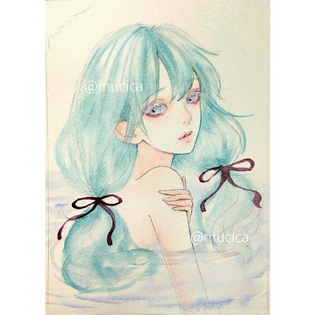 専用　手描きイラスト　湯浴み　オリジナル　水彩画 エンタメ/ホビーの美術品/アンティーク(絵画/タペストリー)の商品写真