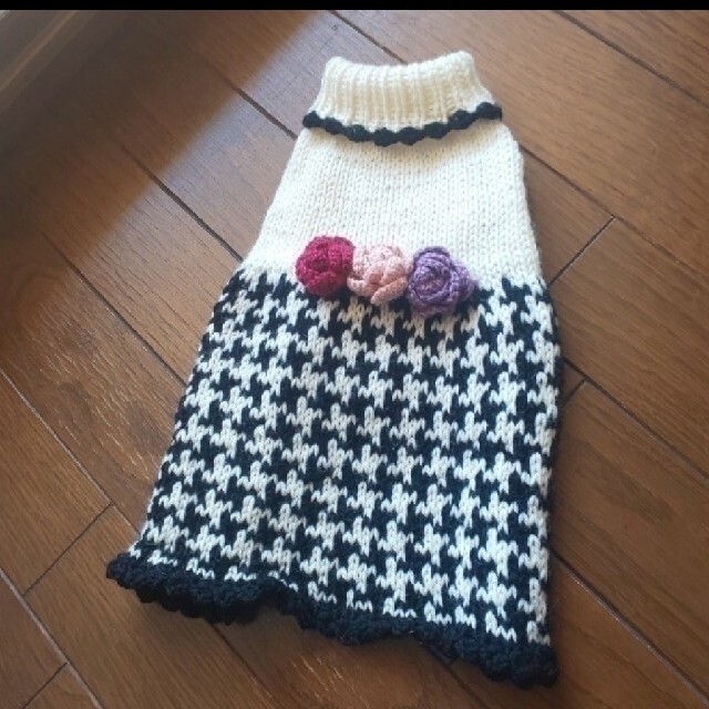 【保存版】 犬服 千鳥格子 ドレス ワンピース 手編み ペット服+アクセサリー