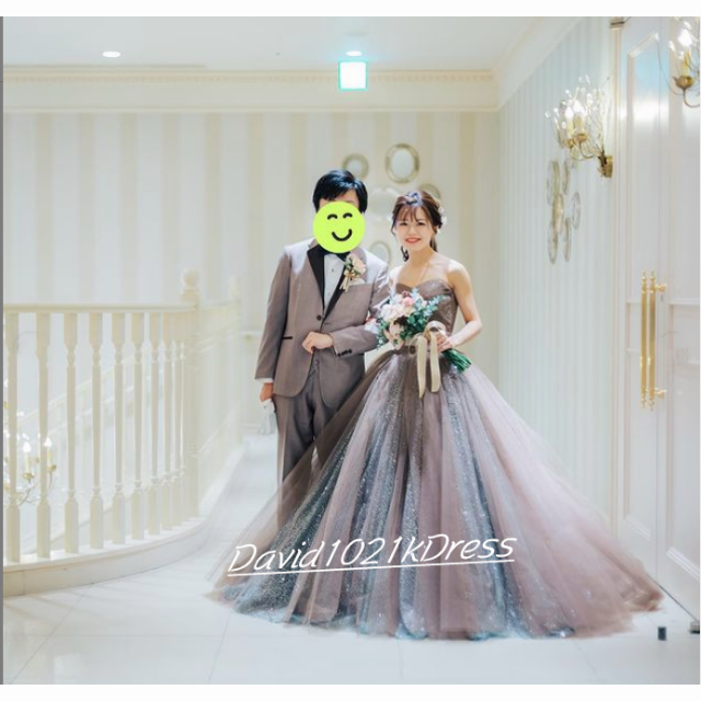 高品質！ ブラウンカラードレス キラキラチュール ベアトップ 結婚式 ...