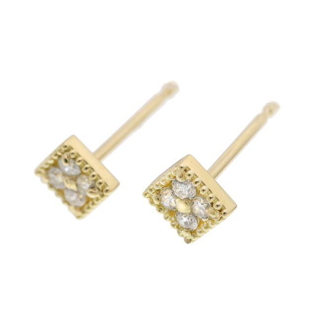 0.08ct】ドットミルでスクエアに囲んだダイヤモンドピアス K18YG-