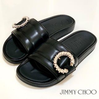 ジミーチュウ(JIMMY CHOO)の3547 未使用 ジミーチュウ レザー ビジュー サンダル ブラック(サンダル)