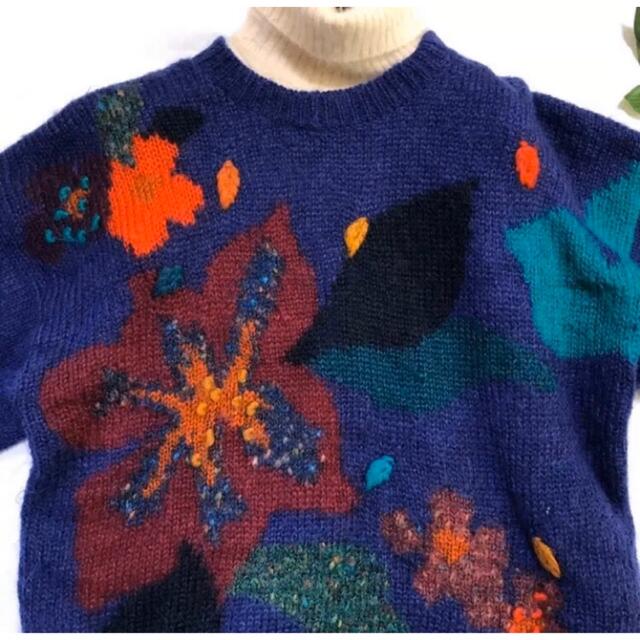 モヘヤロングセーター モヘヤニット 可愛い花の編み込み ふわふわ ゆったりサイズ
