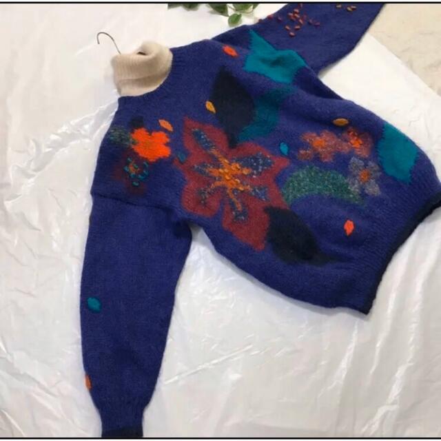 モヘヤロングセーター モヘヤニット 可愛い花の編み込み ふわふわ ゆったりサイズ 2