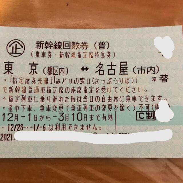 東京⇔名古屋　新幹線指定席回数券１枚【送料別】