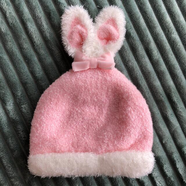 新品ニット帽　ピンクのうさぎ　帽子　赤ちゃん　女の子 キッズ/ベビー/マタニティのこども用ファッション小物(帽子)の商品写真