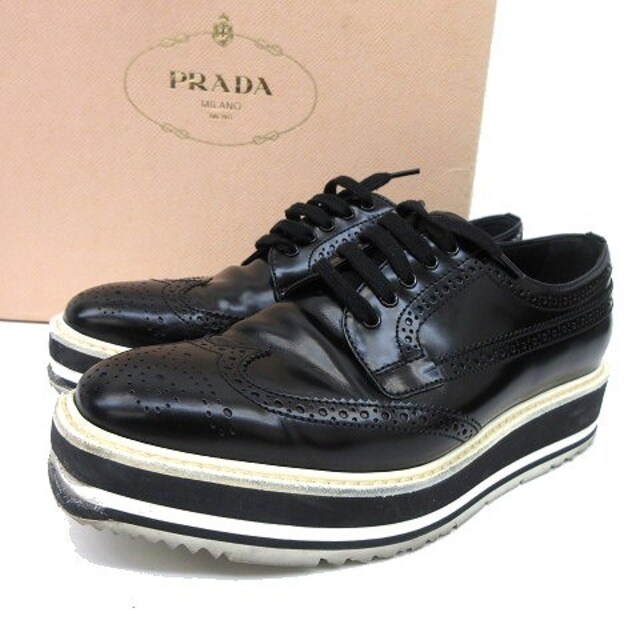 PRADA(プラダ)のプラダ レザー ウィングチップ シューズ 厚底 ドレス 38 24 黒 IBO1 レディースの靴/シューズ(その他)の商品写真