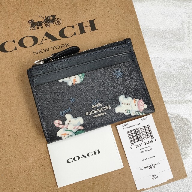 可愛い★COACH コーチ ジップ付 パスケース ネイビー スノーマン 雪だるま財布