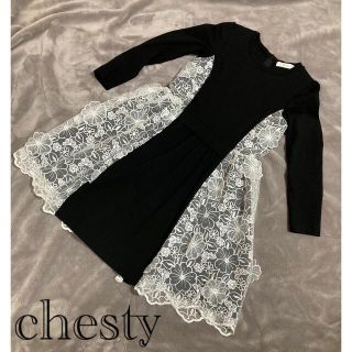 チェスティ(Chesty)の【Chesty】 フラワースウェットワンピース　黒(ひざ丈ワンピース)