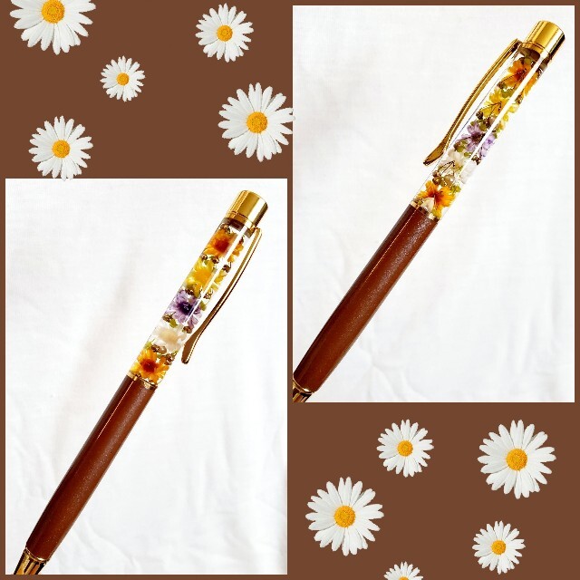 ハーバリウムボールペン 花たっぷり❁❀✿✾ブラウン 茶色 マロン 大人可愛い♡ ハンドメイドのフラワー/ガーデン(プリザーブドフラワー)の商品写真