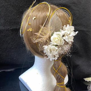 金箔水引きアレンジ髪飾り ホワイトローズ  成人式 卒業式 結婚式(振袖)